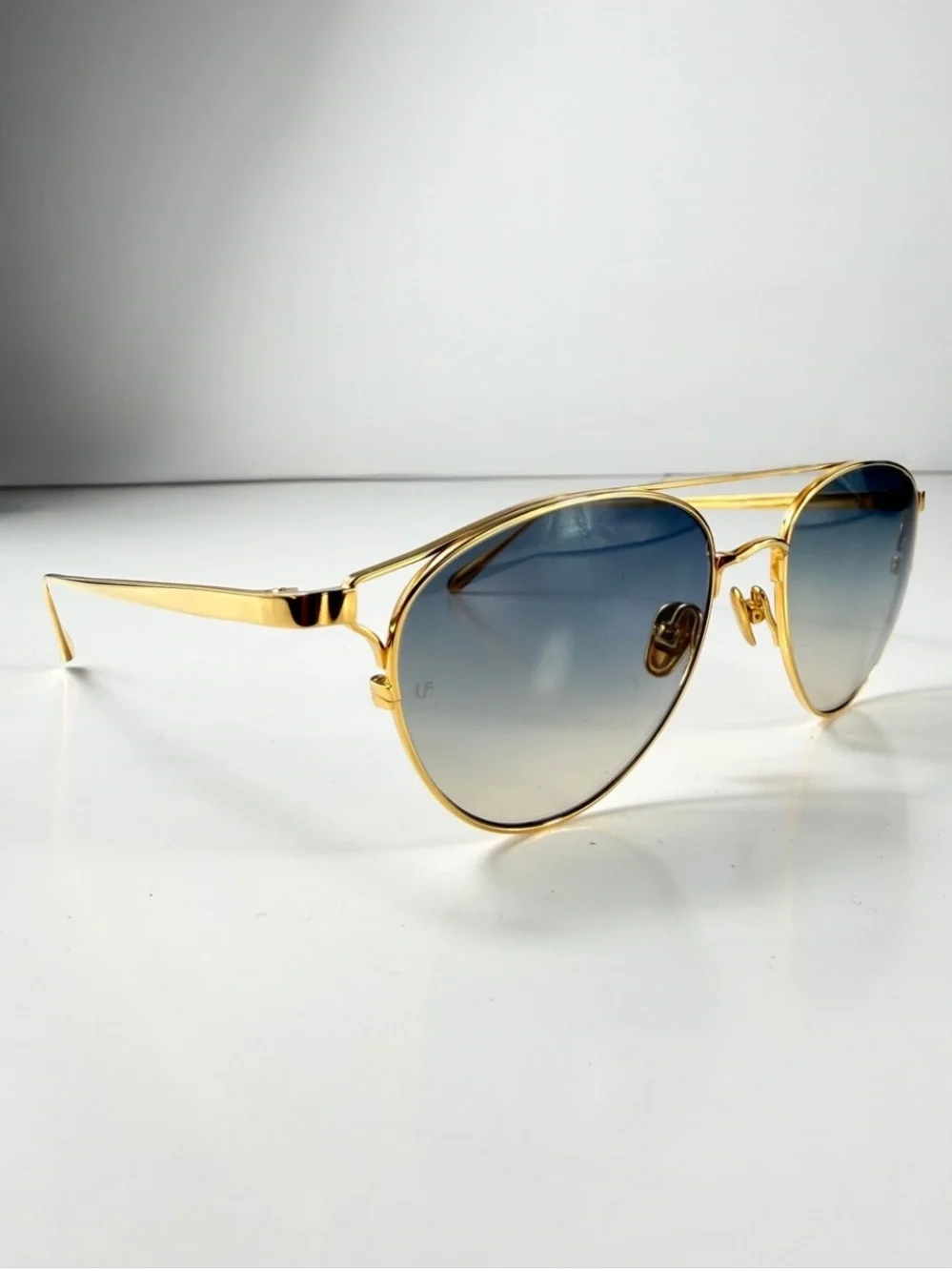 Linda Farrow Omar Aviator Sunglasses Gold Blue LFL804 C7 Titanium NWT Full Set